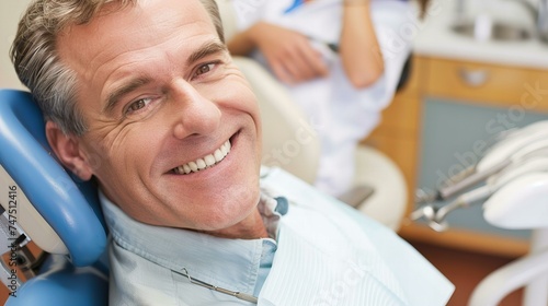 smiling middle-aged handsome man in dentist chair is having checkup in dental clinic 