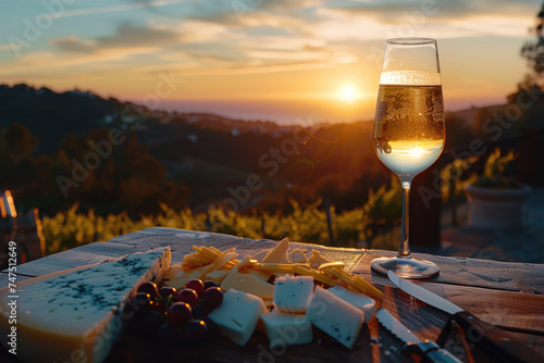 Romantic cheese and wine sunset dinner - Cheese platter, the sparkling wine glass against the backdrop of a setting sun in the hills