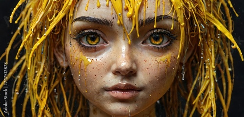 a close up of a woman's face with yellow streamers on her head and yellow hair on her head. photo