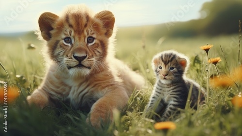 A lion cub and a kitten laying peacefully in the grass. Suitable for various animal-themed projects