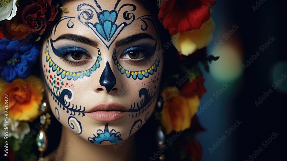 Detailed close-up of a person with painted face. Ideal for artistic projects or Halloween-themed designs