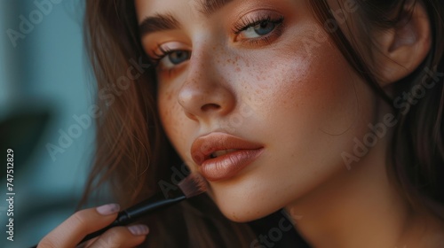 Close-up of a Woman with Freckles Applying Makeup with a Brush, Emphasizing Natural Beauty
