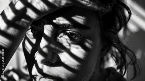 Monochrome Portrait of a Woman with Striking Eyes Behind Shadow Patterns
