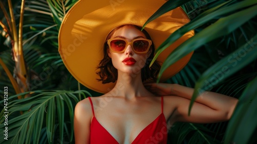Fashionable Woman in Red Dress and Yellow Wide-Brimmed Hat Posing Amongst Lush Greenery
