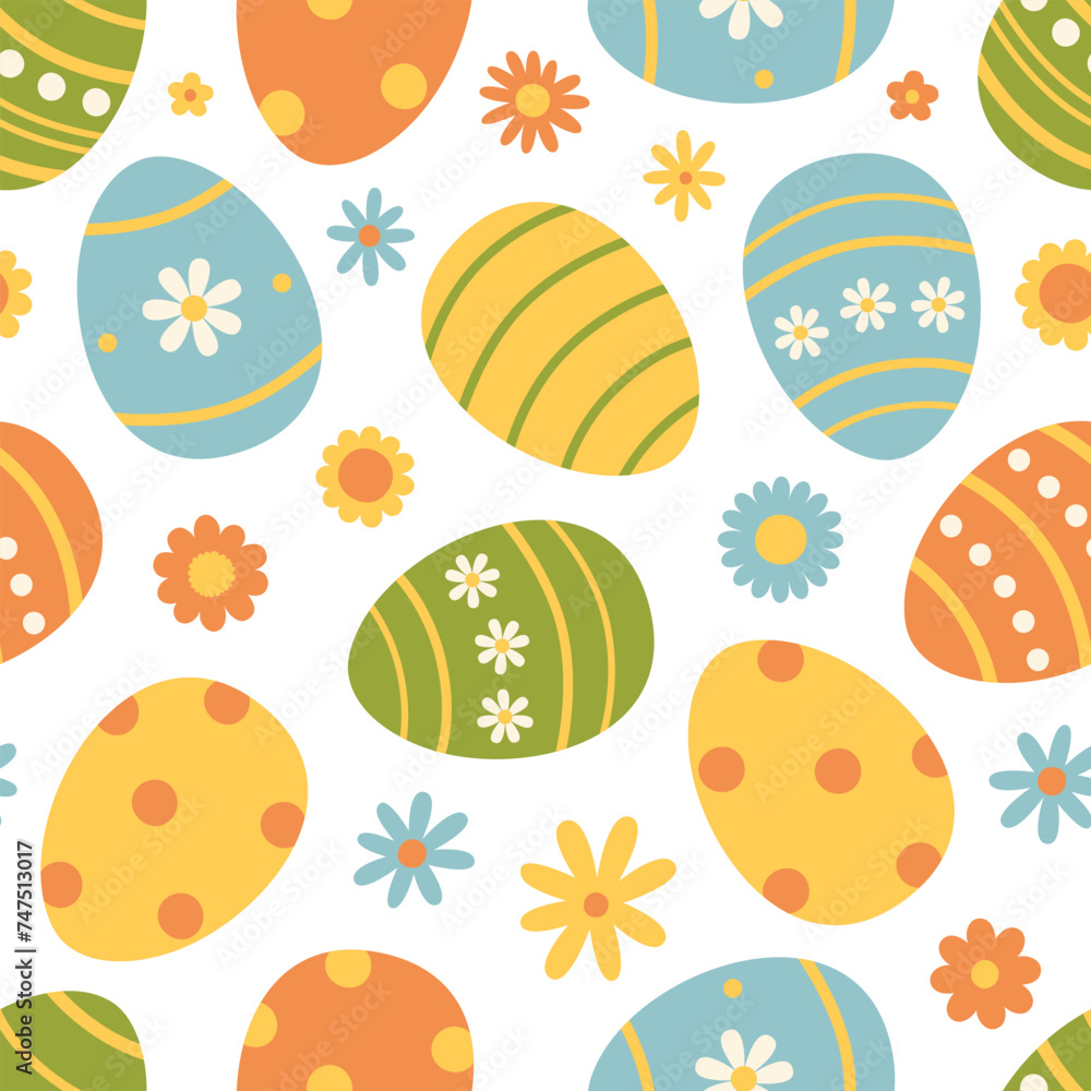 Seamless pattern with colorful easter eggs and flowers. Cute holiday texture. Vector flat illustration on white background Seamless pattern with colorful easter eggs and flowers. Cute holiday texture. Vector flat illustration on white background