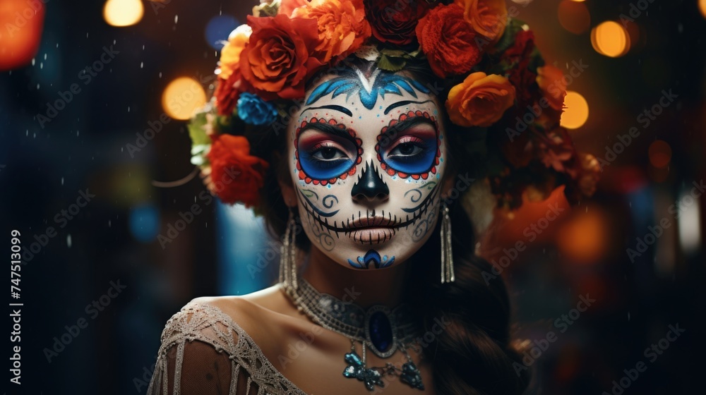 Woman with sugar skull make-up and flowers in her hair. Perfect for Day of the Dead celebrations or Halloween events Woman with sugar skull make-up and flowers in her hair. Perfect for Day of the Dead celebrations or Halloween events