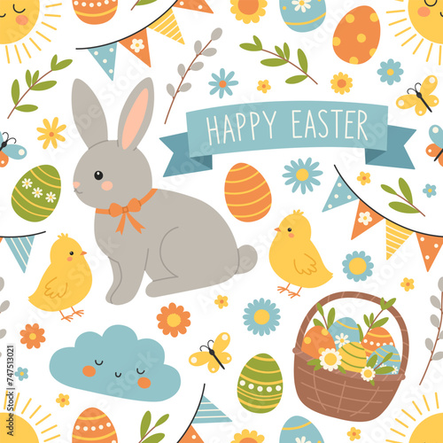 Seamless pattern with easter spring elements. Rabbit, chicken, eggs, basket, flowers, butterflies. Cute holiday background. Vector flat illustration