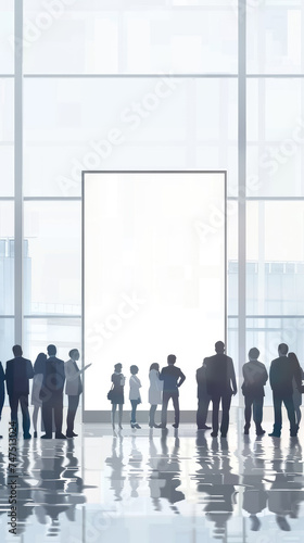 Silhouettes of people against light doorway - Silhouettes of diverse business people standing in a row against a bright doorway in a modern corporate building