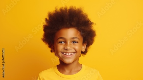 A young boy with an afro smiling at the camera. Ideal for diverse and joyful concepts