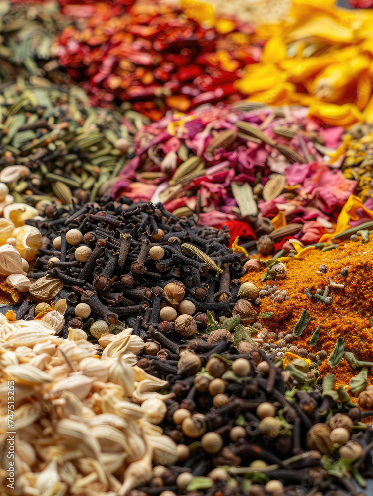 Spices and herbs close up shot - Detailed close-up of various colorful spices and herbs on display at market Spices and herbs close up shot - Detailed close-up of various colorful spices and herbs on display at market