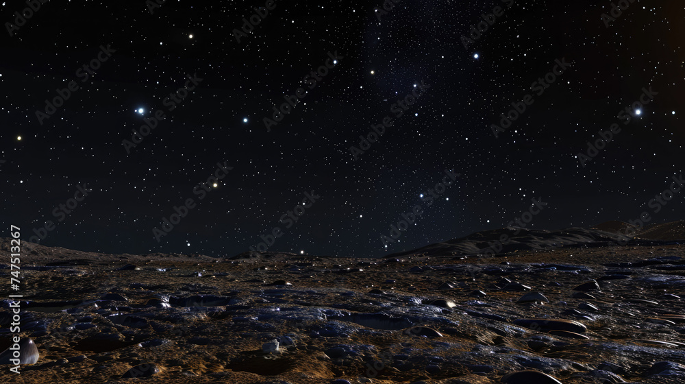 Naklejka premium Starry night over a rugged lunar landscape - A night sky full of stars above a desolate, moon-like landscape evokes a sense of wonder