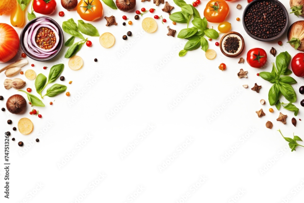 Fresh vegetables and aromatic spices on a clean white background. Perfect for food blogs or cooking websites