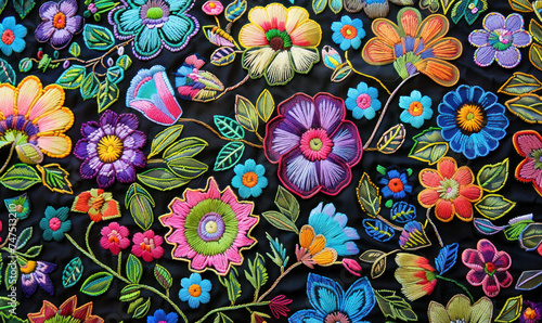 vibrant mexican traditional  floral embroidery detailed pattern on black textile