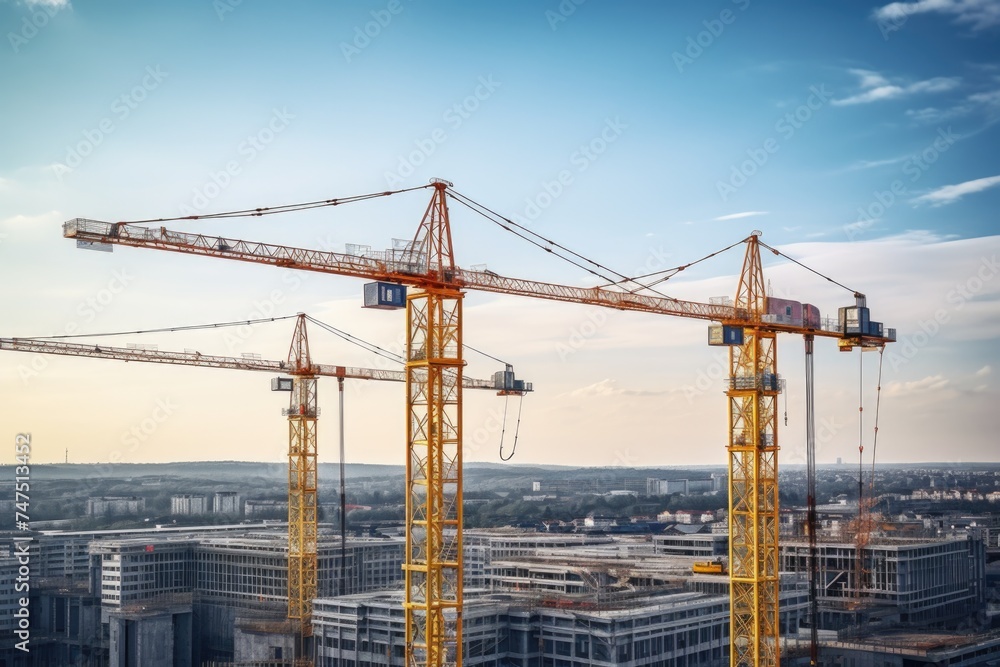 Construction cranes on top of a building, suitable for construction industry concepts