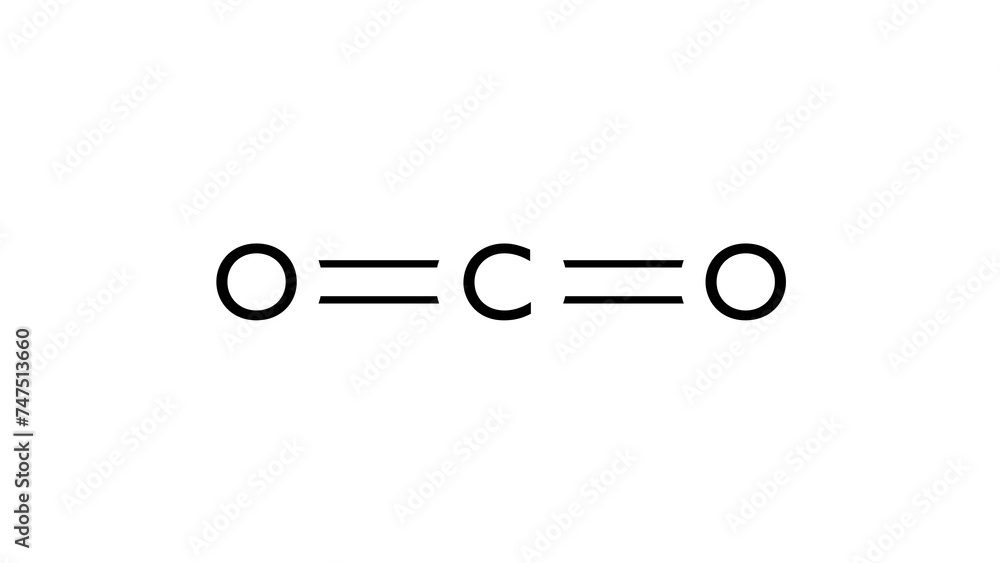 carbon dioxide molecule, structural chemical formula, ball-and-stick model, isolated image trace gas