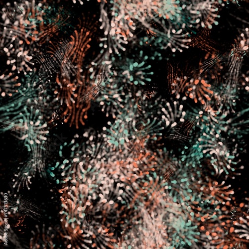 Abstract blurred spots, lines and splashes on the dark background. Fireworks imitation. Summer green, pinkish orange and pastel pink colors. Seamless pattern.