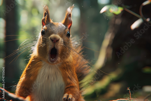 Surprised squirrel in a natural forest setting - A vivid close-up of a startled squirrel in its natural woodland habitat, expressing a dramatic sense of surprise