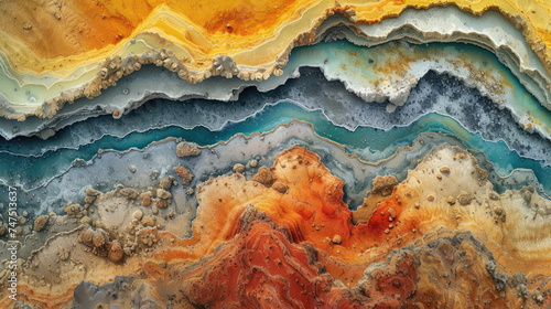 An abstract aerial shot captures the vibrant interplay of purple and gold hues across the sedimentary layers of a canyon