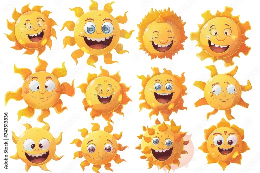 A collection of cartoon sun faces with different expressions. Perfect for adding a touch of whimsy to any project