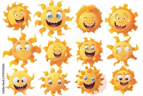 A collection of cartoon sun faces with different expressions. Perfect for adding a touch of whimsy to any project