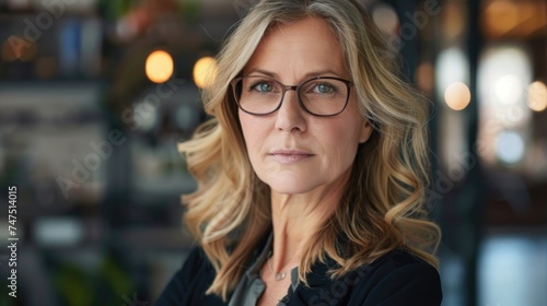 A woman wearing glasses looking directly at the camera. Suitable for various business and lifestyle concepts photo