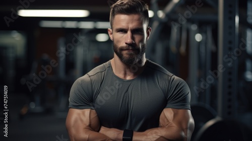 A man standing with arms crossed in a gym. Ideal for fitness and lifestyle concepts