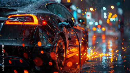 Close-up of an electric car being charged in the rain at dusk, with glowing city lights reflecting on wet surfaces. 