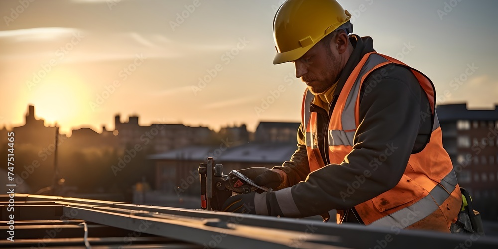 Hardworking Construction Worker Inspecting Plans at Sunrise on a Building Site