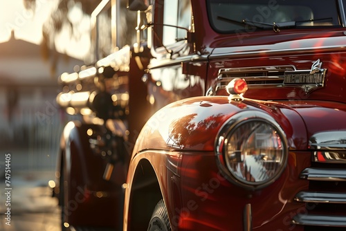 Vintage red fire truck close-up at sunset. Fire department, emergency response, rescue operations concept. Heroism and bravery. Design for banner, poster. Classic vehicle, fire engine