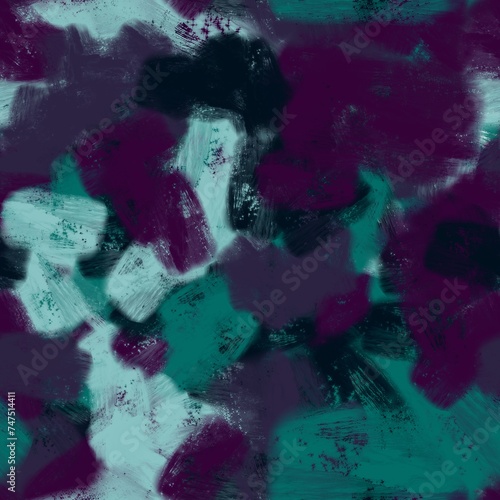 Big black, dark purple, teal green and cyan opaque brush strokes. Abstract seamless pattern.