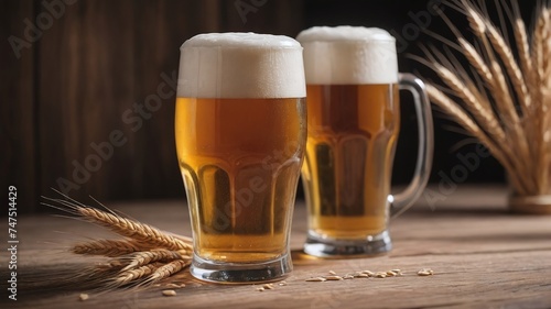 Glass Of Beer With Wheat On Wooden Backdrop.