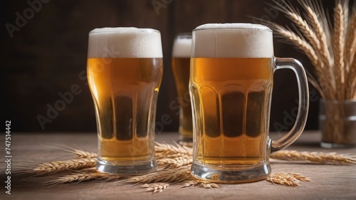 Glass Of Beer With Wheat On Wooden Backdrop.