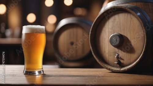 Beer Barrel On Wood Table With Blurred Background.