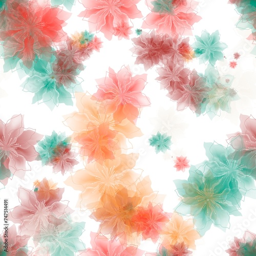 Dull red  green teal  apricot and coral pink transparent flowers on the white background. Seamless pattern. Pattern for wrapping  textile  print