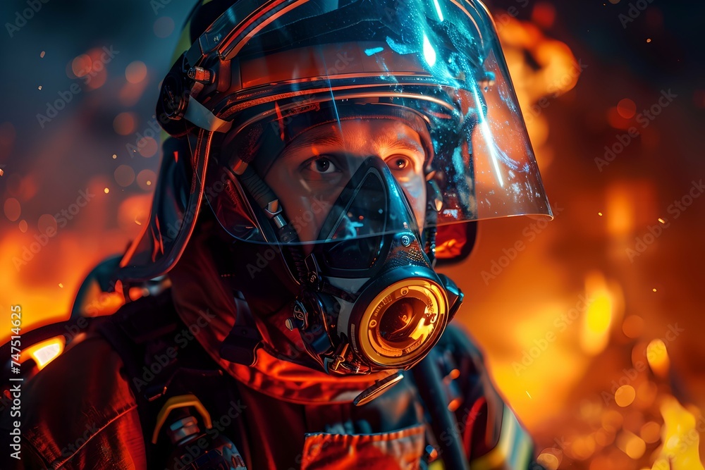 Firefighter with gas mask in front of fire. Burning background. Fire department, emergency response, rescue operations concept. Heroism and bravery. Design for banner, poster Firefighter with gas mask in front of fire. Burning background. Fire department, emergency response, rescue operations concept. Heroism and bravery. Design for banner, poster