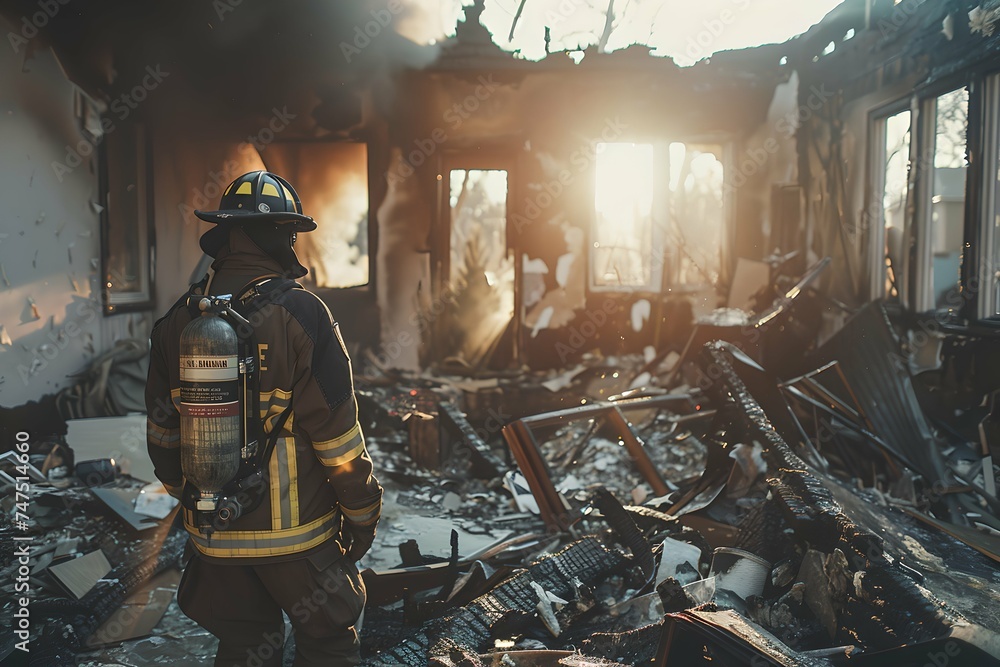 Firefighter amidst debris in a burnt down house. Aftermath of fire. Destroyed building. Fire department, emergency response, rescue operations concept. Heroism and bravery. Design for banner, poster - obrazy, fototapety, plakaty 