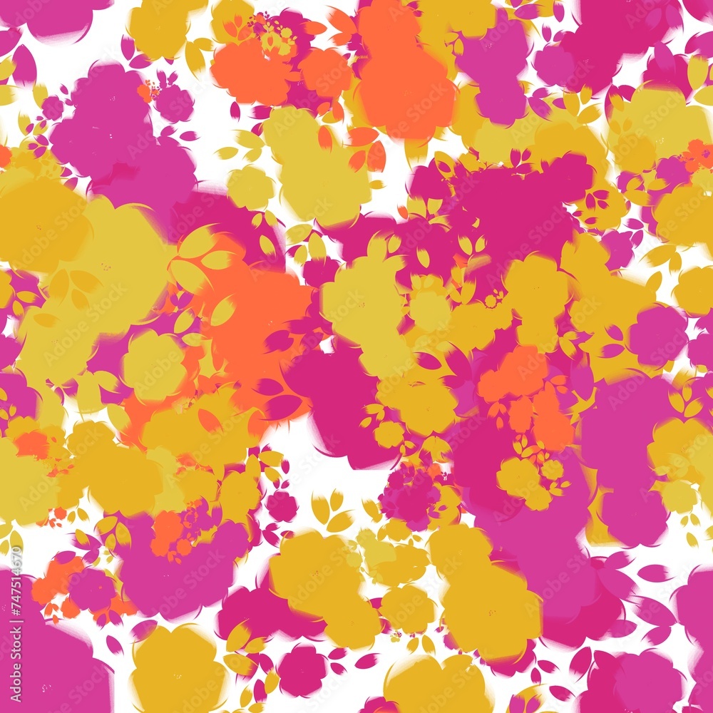 Royal fuchsia, pinkish orange and fuel yellow flowers. Seamless pattern. Floral texture.