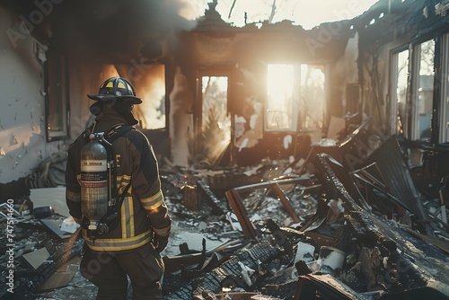 Firefighter amidst debris in a burnt down house. Aftermath of fire. Destroyed building. Fire department, emergency response, rescue operations concept. Heroism and bravery. Design for banner, poster photo
