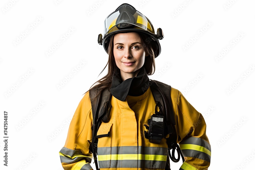 Smiling female firefighter in uniform isolated on white background. Fire department, emergency response, rescue operations concept. Heroism and bravery. Design for banner, poster Smiling female firefighter in uniform isolated on white background. Fire department, emergency response, rescue operations concept. Heroism and bravery. Design for banner, poster