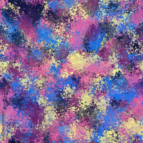 Dark indigo, plum purple, clear blue, medium pink and sweet corn yellow random spots, round splashes. Abstract seamless pattern