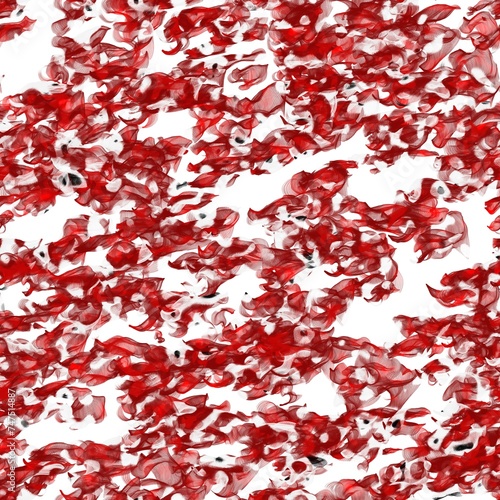 Multicolored random flying brush strokes. Veil or fish net imitation. Old brick red, ruby red, black and white colors on the white background. Seamless pattern