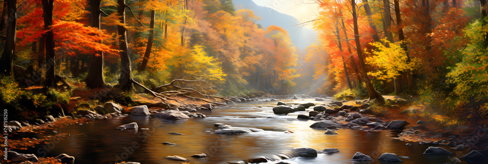 Vibrant Autumn Splendor: Tranquil River Amidst Fiery Fall Foliage and Golden Sunlight
