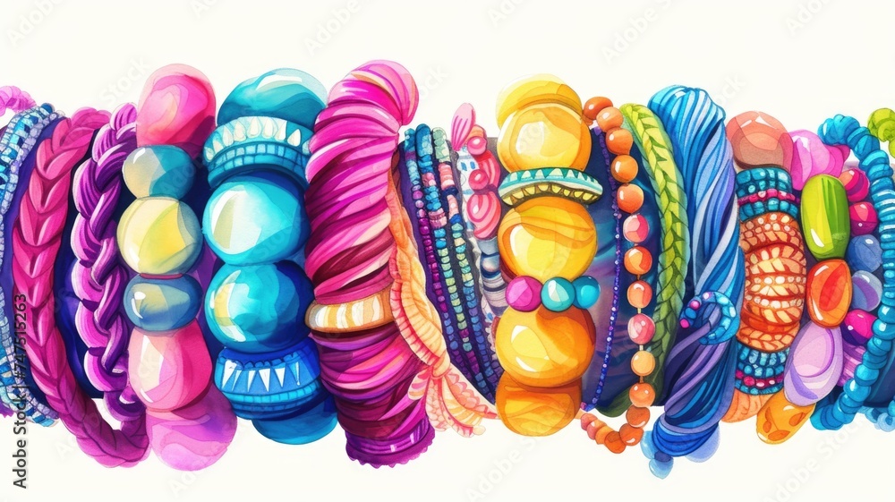 vibrant close-up of an eclectic mix of beaded bracelets, featuring a rich tapestry of colors, textures, and ethnic patterns