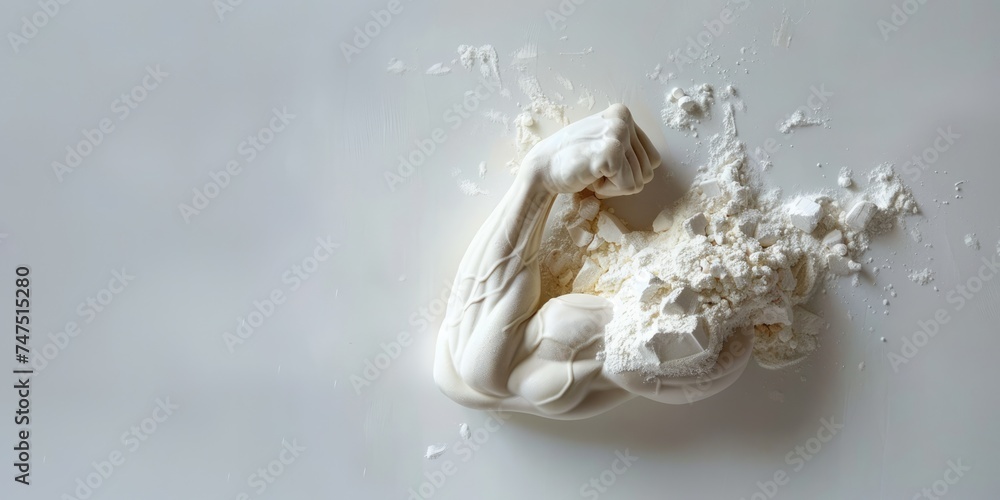 Generative AI, protein powder in man muscular hand shape, bodybuilding and power concept Generative AI, protein powder in man muscular hand shape, bodybuilding and power concept