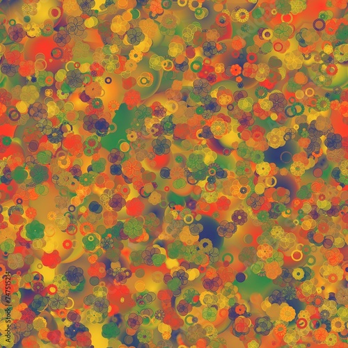Abstract multicolored floral pattern with blurred background. Seamless hand drawn texture. Dark grey blue, cactus green,  orangey red and orangey yellow colors. photo