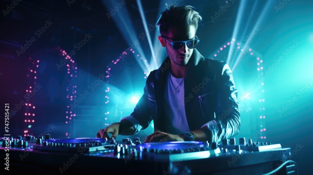 A man in sunglasses playing a DJ set. Ideal for music events and nightlife promotions