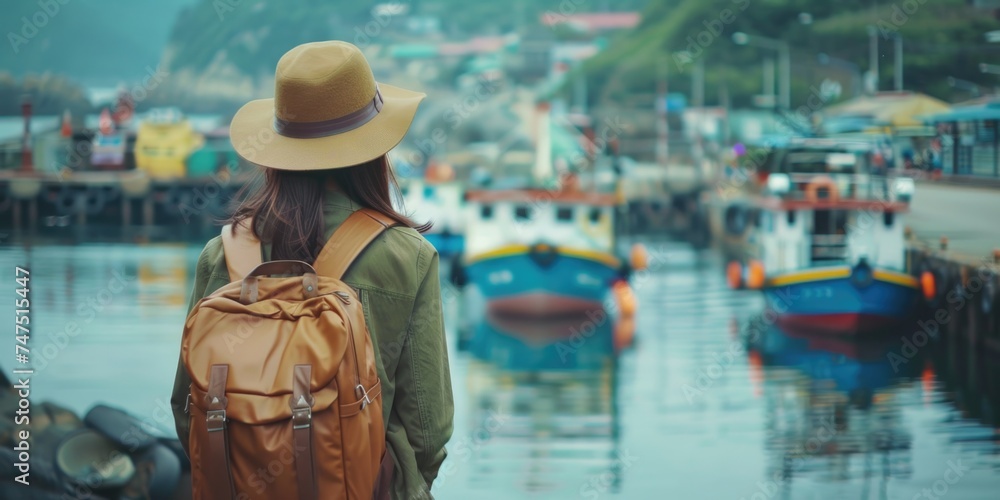 A woman wearing a hat and backpack looking at boats in a harbor. Perfect for travel or vacation concepts