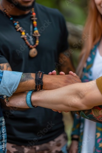 Group of people putting their hands together, suitable for teamwork concepts