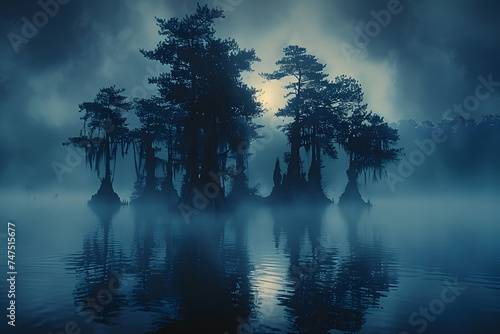 Foggy misty landscape with cypress trees and lake photo