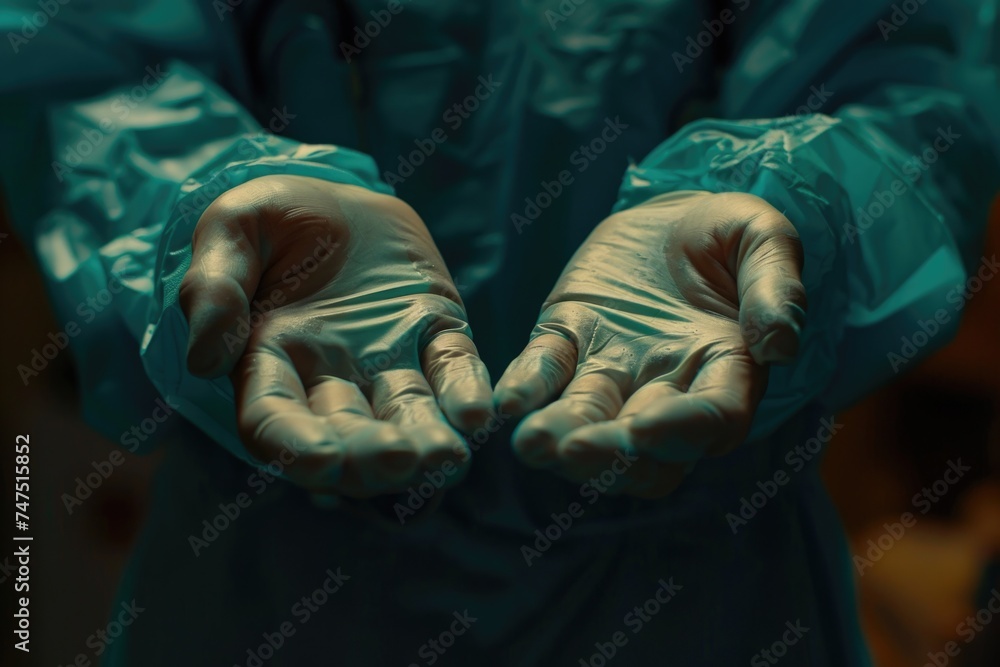 Close up of a person wearing gloves, suitable for various concepts and projects